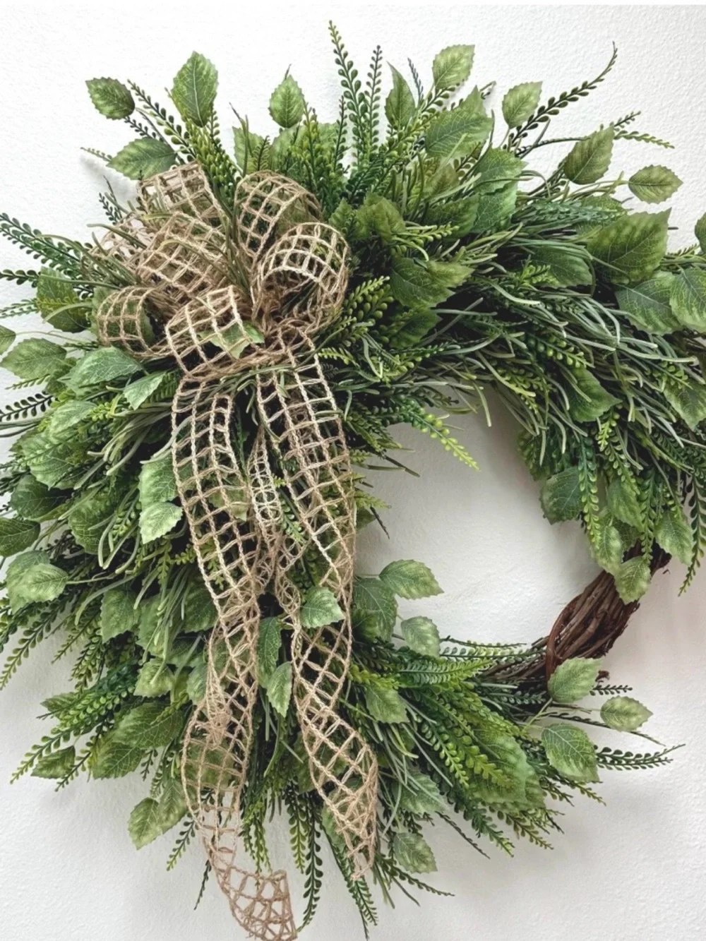 Year Round Wreath - Green Rustic Jute Bow Fern Wreath - Mother's Day